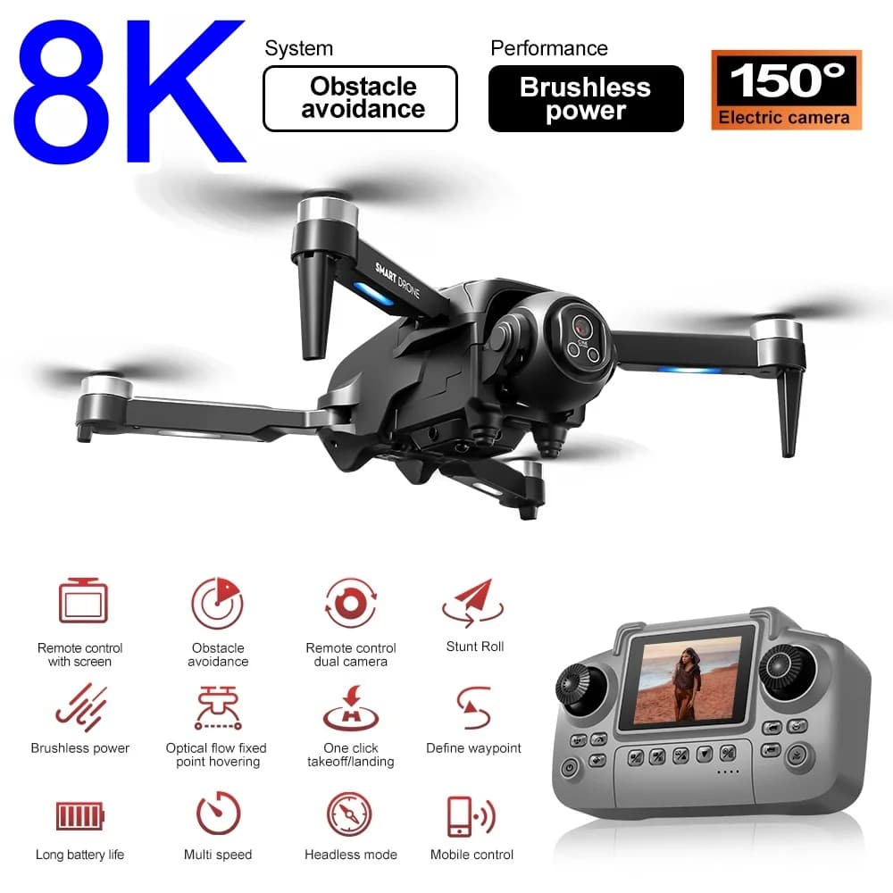 Drone Brushless 8K con HD 150 ° Droni Elettrici con Doppia Fotocamera 5G WIFI FPV 360 ° Quadricottero RC con Schermo Grande e Sistema di Evitamento Ostacoli