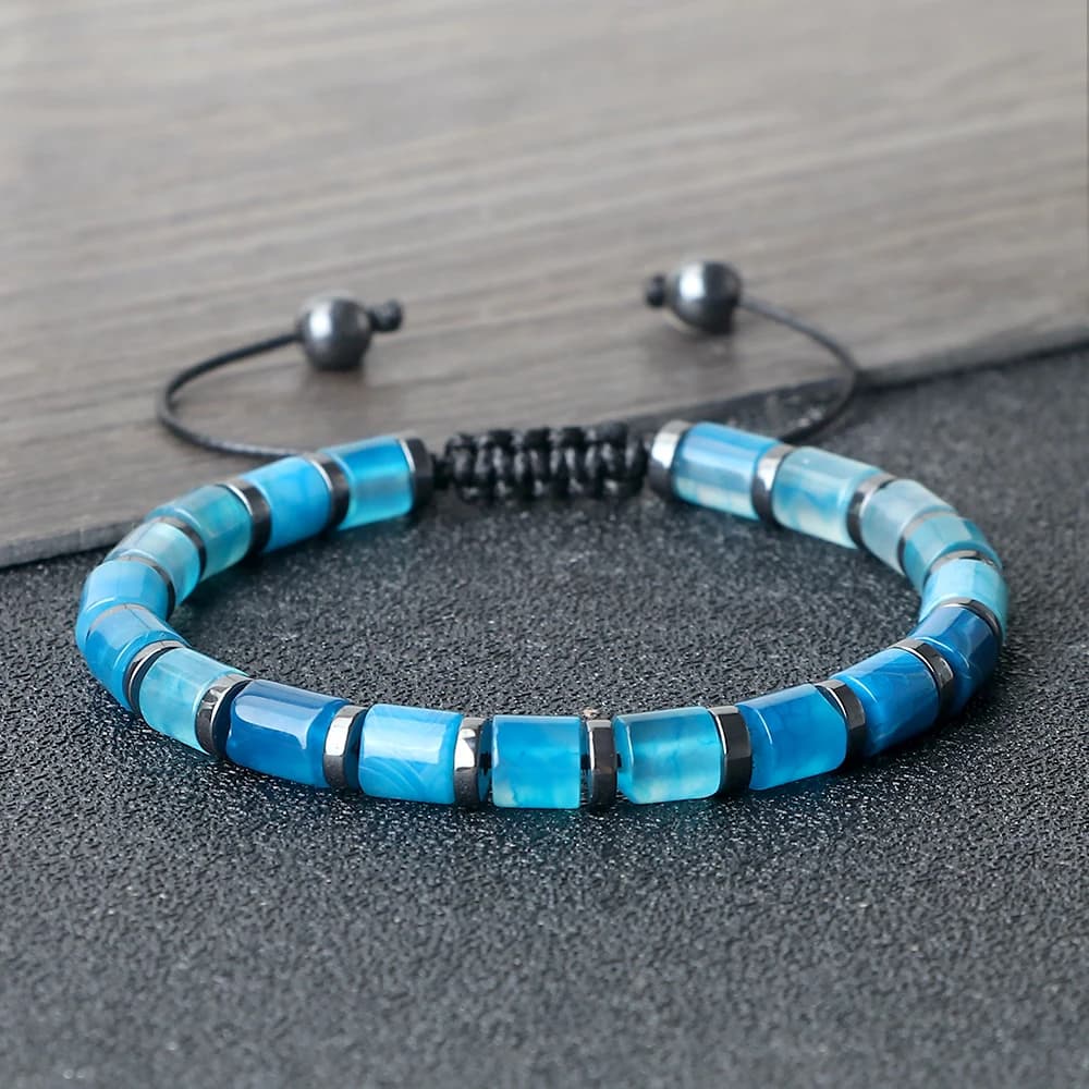 Nuovo braccialetto intrecciato a forma di cilindro blu rotondo nero pietra biliare distanziatore agata braccialetto catena donna uomo regalo gioielli Pulsera naturale