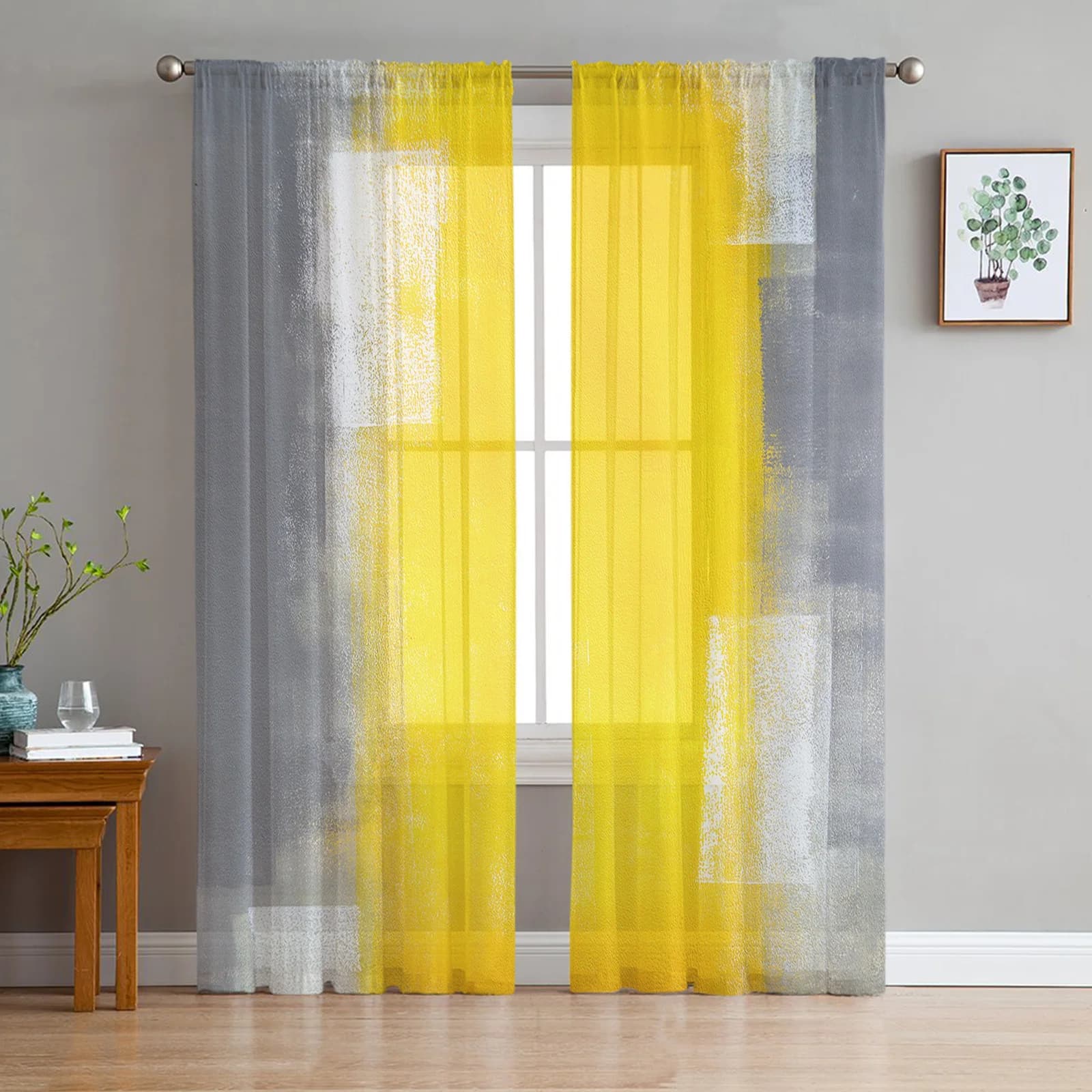 Tulle con texture d'arte astratta giallo grigio in tende trasparenti per soggiorno, camera da letto, cucina, trattamento delle finestre, tende in chiffon