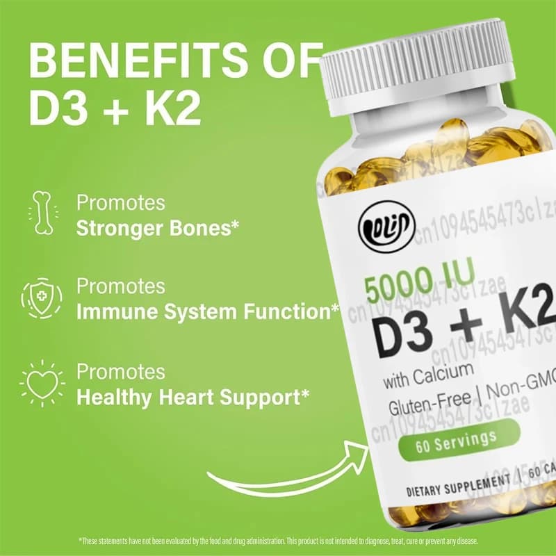 Vitamin K2 100 Mcg MK7, Calcium - Bone health supplement and immune support - Gluten free, non GMO - (60 capsules)