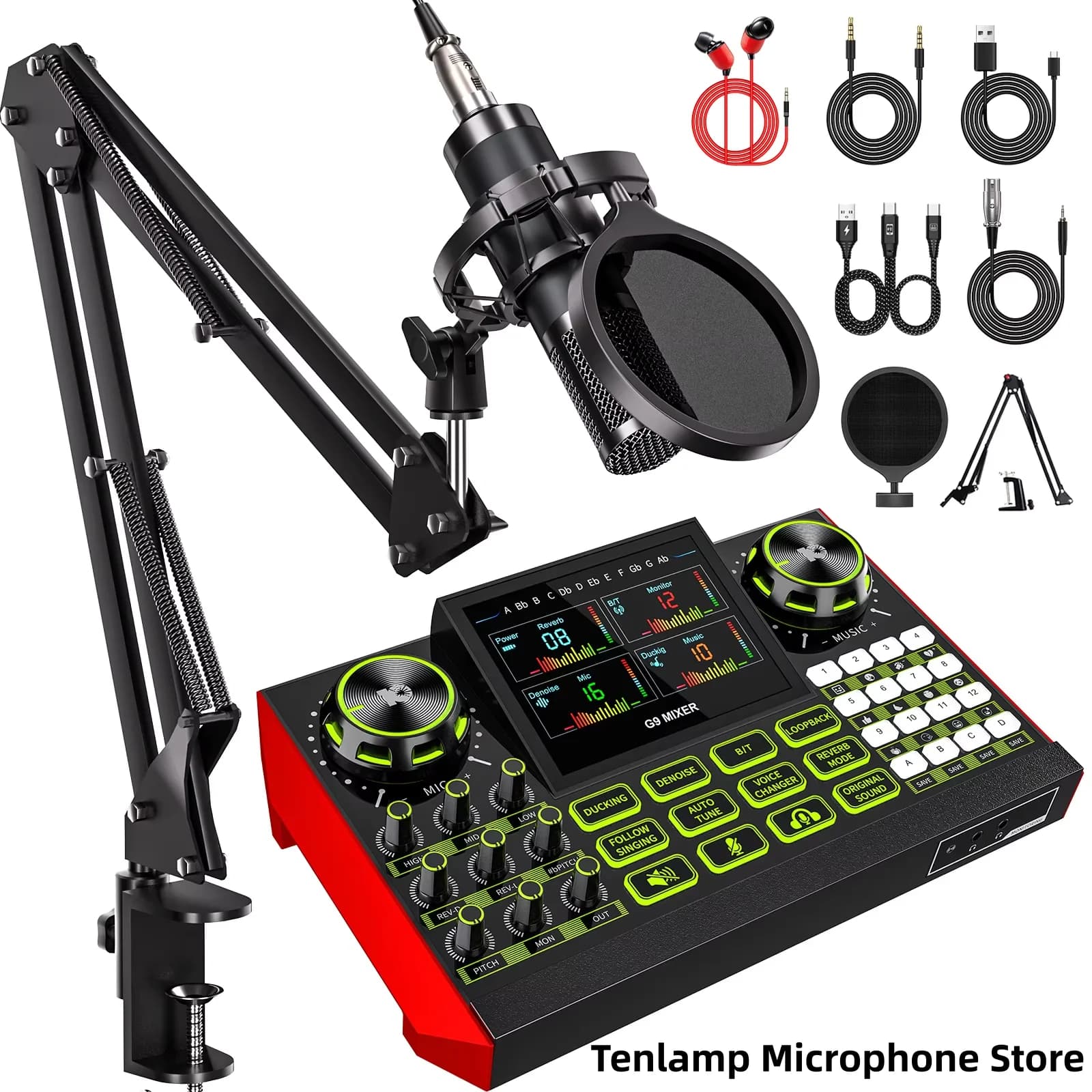 Interfaccia Audio per Streaming Live Tenlamp, Mixer Audio per Gaming, Attrezzatura per Podcast con Microfono a Condensatore da 3,5mm, Scheda Audio per PC, Macchina per Karaoke, Microfono Dinamico a Condensatore Wireless Portatile