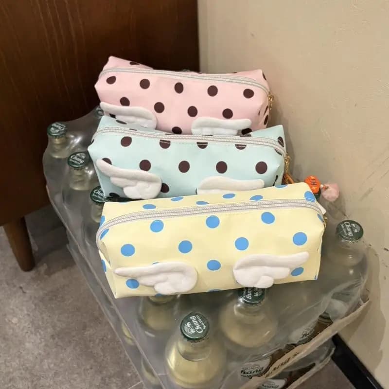 【B】Cute Polka Dot Pencil Case 3D Plush Wings Large Capacity Perfect For Students School Office Stationery Storage