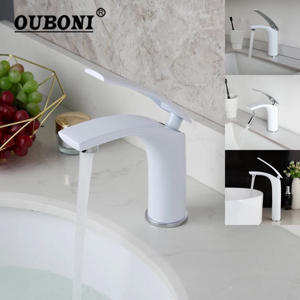 OUBONI Rubinetto per lavabo da bagno bianco verniciato Montaggio su piano Maniglia singola Controllo flusso Beccuccio Miscelatore acqua calda e fredda