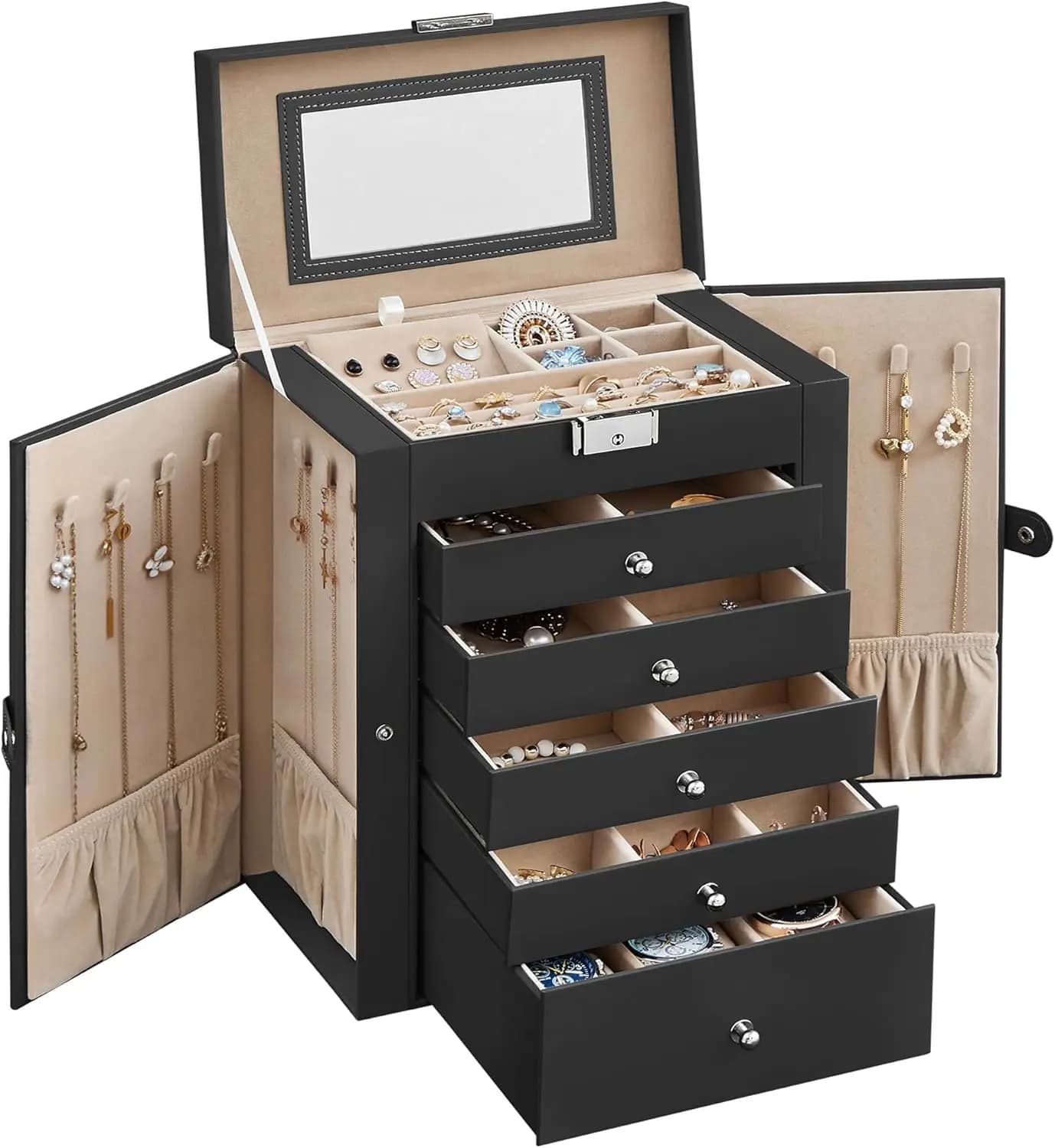 Jewellery 6 Levels with 5 Drawers, Lock and Mirror, Large Space for Necklaces and Watches, Black
