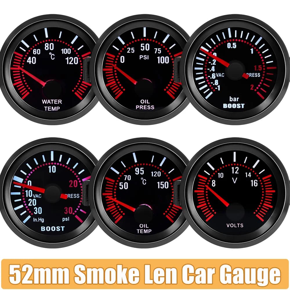 2 ''52mm Auto Fumo Len Gauge Contagiri Pressione Olio RPM Turbo Boost Gauge Bar PSI Vuoto Misuratore di Temperatura Dell'acqua per 12V Auto