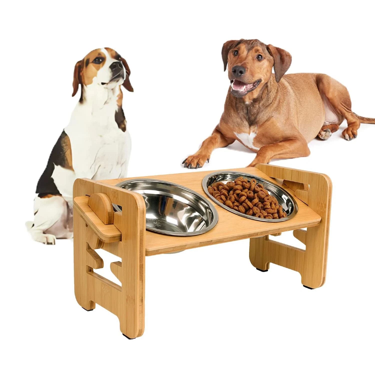 Adjustable Bamboo Elevated Pet Feeder, Raised Dog Cat Bowls Stand with 2 Stainless Steel Bowls, Food Water Feeding Bowl for Pets