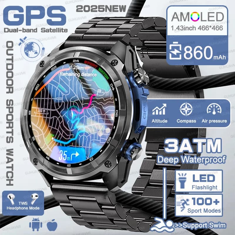 2026 All'aperto Militare 1000mAh Batteria Astuto Della Vigilanza GPS/Offline Mappa Orologio 1.43 "Uomini 3ATM Sport Impermeabile 4GB TWS Orologi Intelligenti