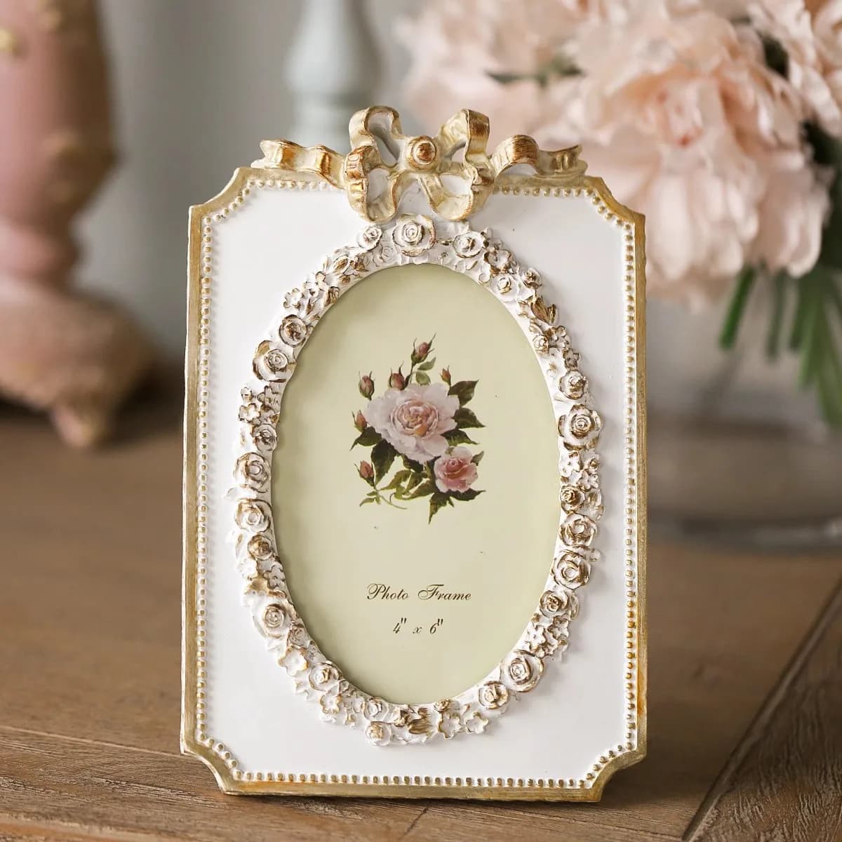 6-Inch European Style Golden Bow Rose Picture Frame,Retro Antique Desktop Ornaments