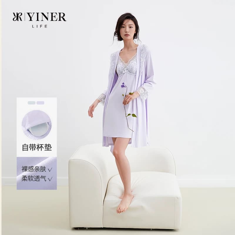 Women's summer lace camisole nightgown set with modal belt cup and bathrobe