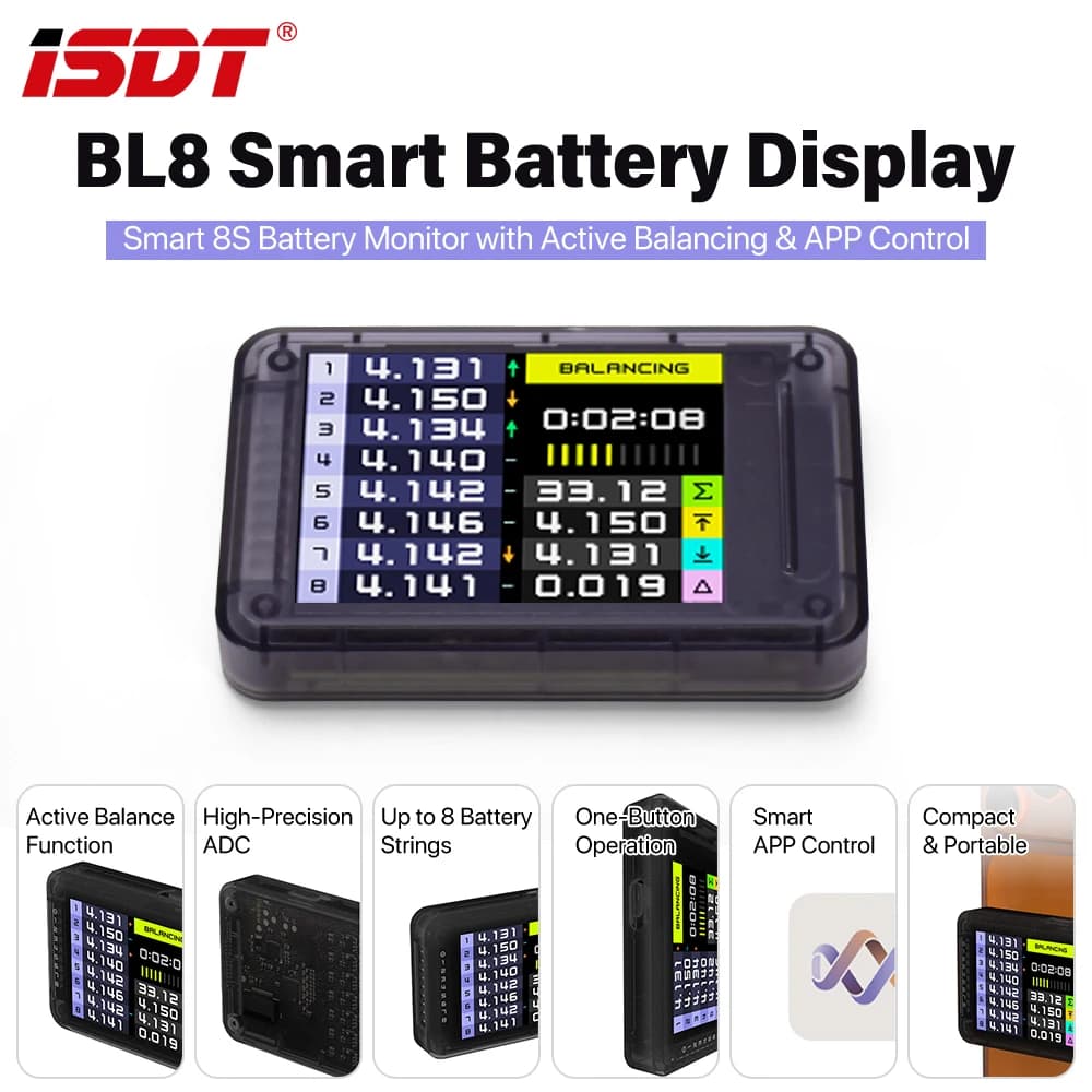 ISDT BL8 Smart Battery Monitor with Active Balancing, High-Precision ADC Plug & Play up to 8 Battery Strings APP Control