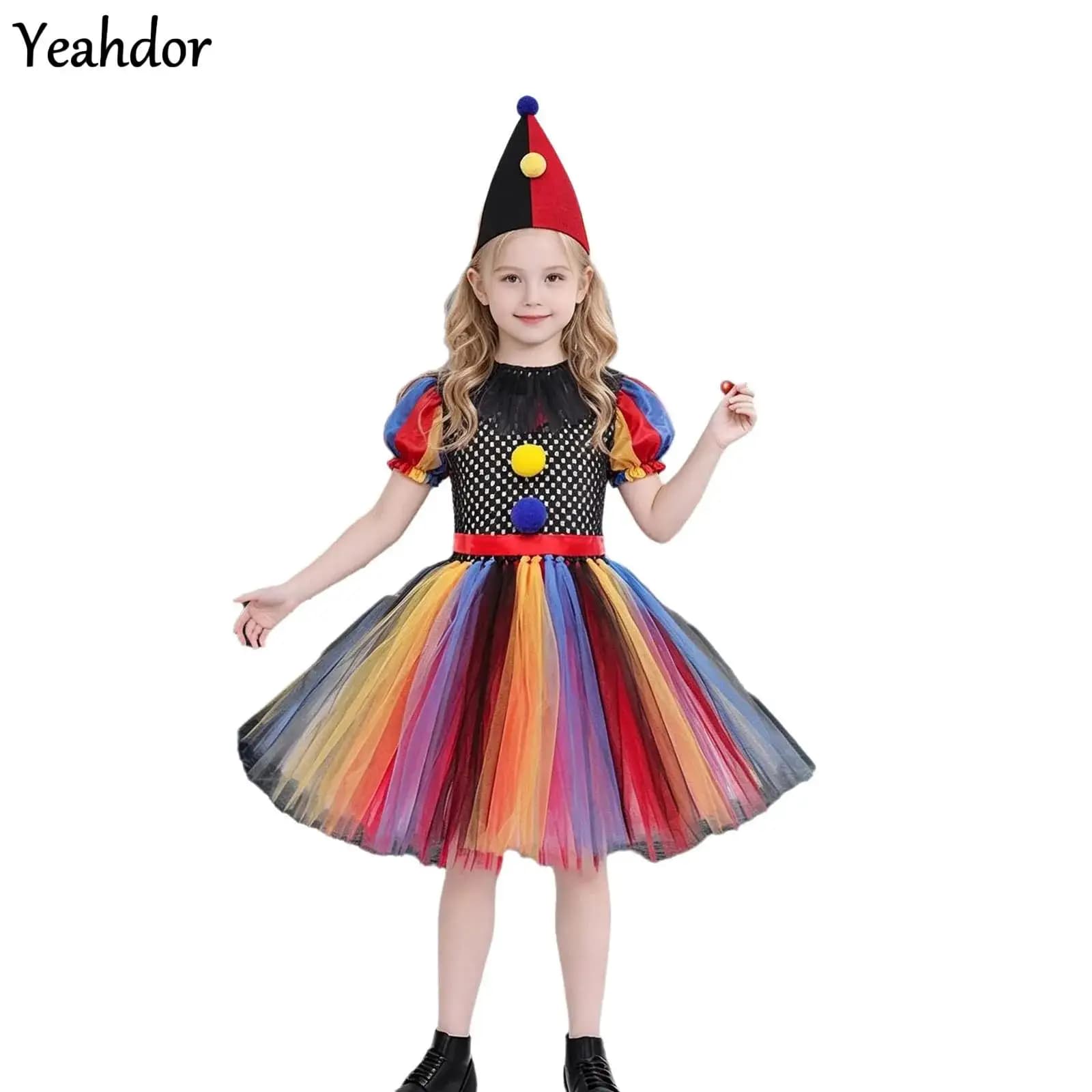 Girls Circus Clown Cosplay Costume Outfit Ringmaster Belted Tulle Princess Dress with Hat for Carnivals Halloween Theme Party