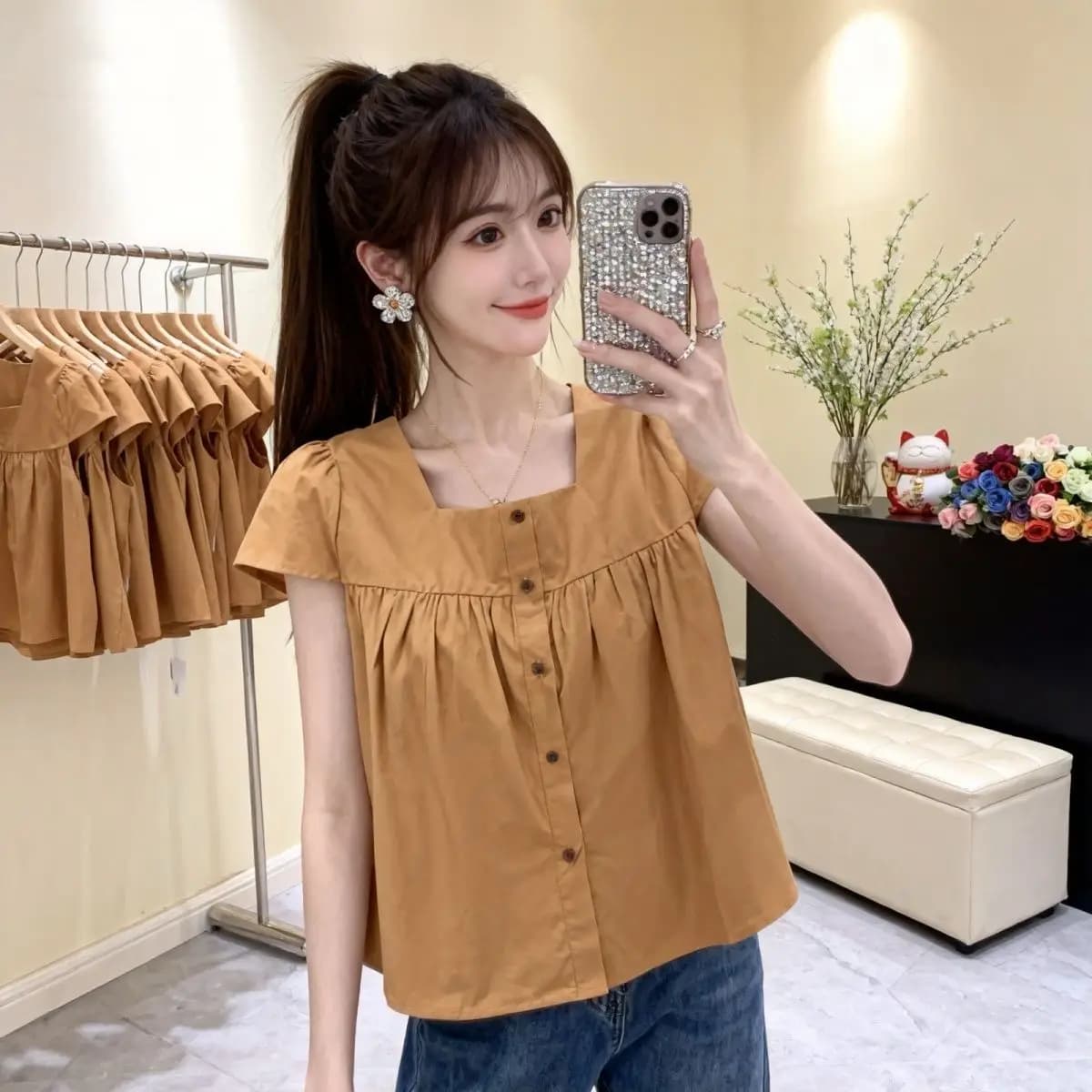 Summer New Style Korean Pure Color Women's Shirt Square Collar Sweet Button Design Meat Concealing Versatile Short Sleeve