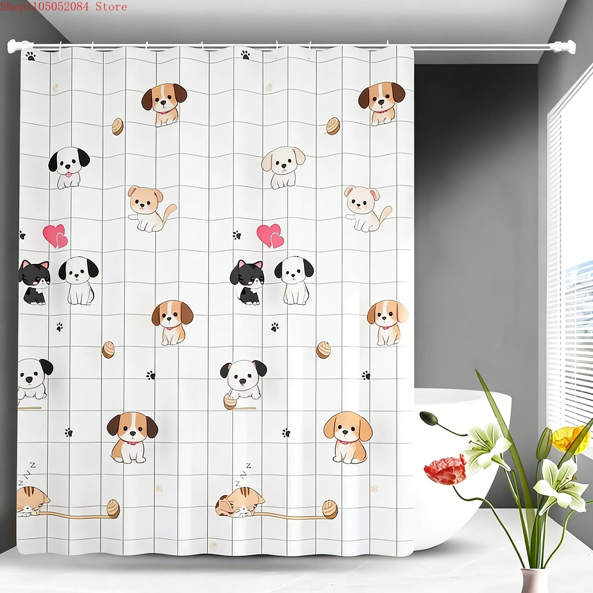Tenda da doccia con simpatici cuccioli e gattini dei cartoni animati - Poliestere impermeabile con cuori e palline di filato su griglia bianca