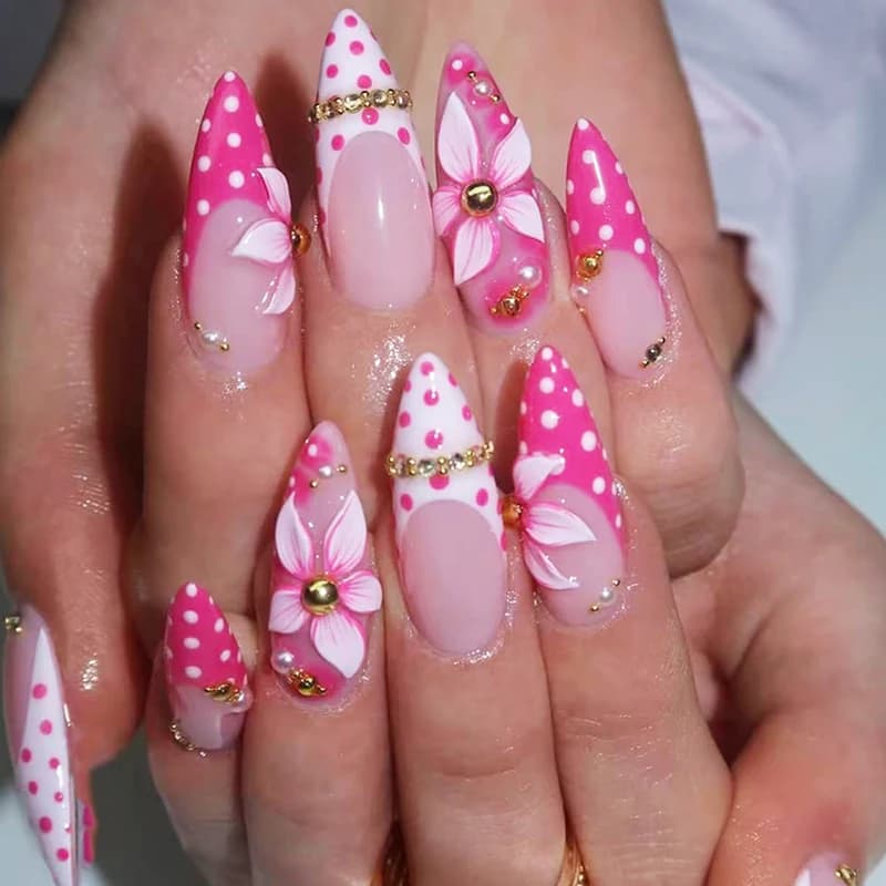 24pcs long Almond summer Press On Nails pink polka dots French white edge Rhinestone flower Pearl Pattern design Style Fake Nail
