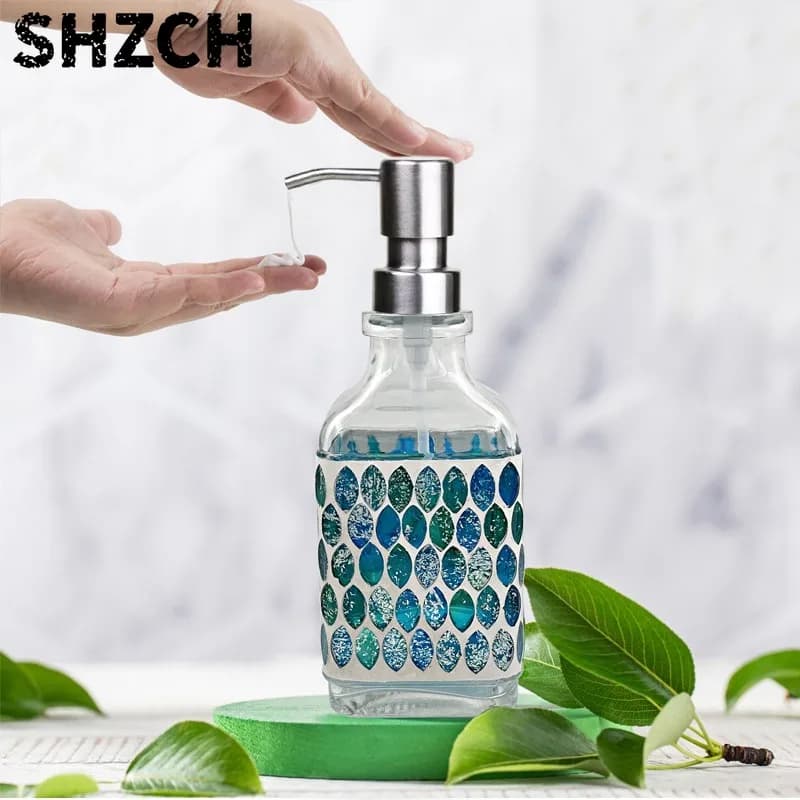 Mosaic Glass Soap Dispenser with Rust Proof Stainless Steel Pump, Refillable Liquid Hand soap Dispenser for Bathroom,Kitchen