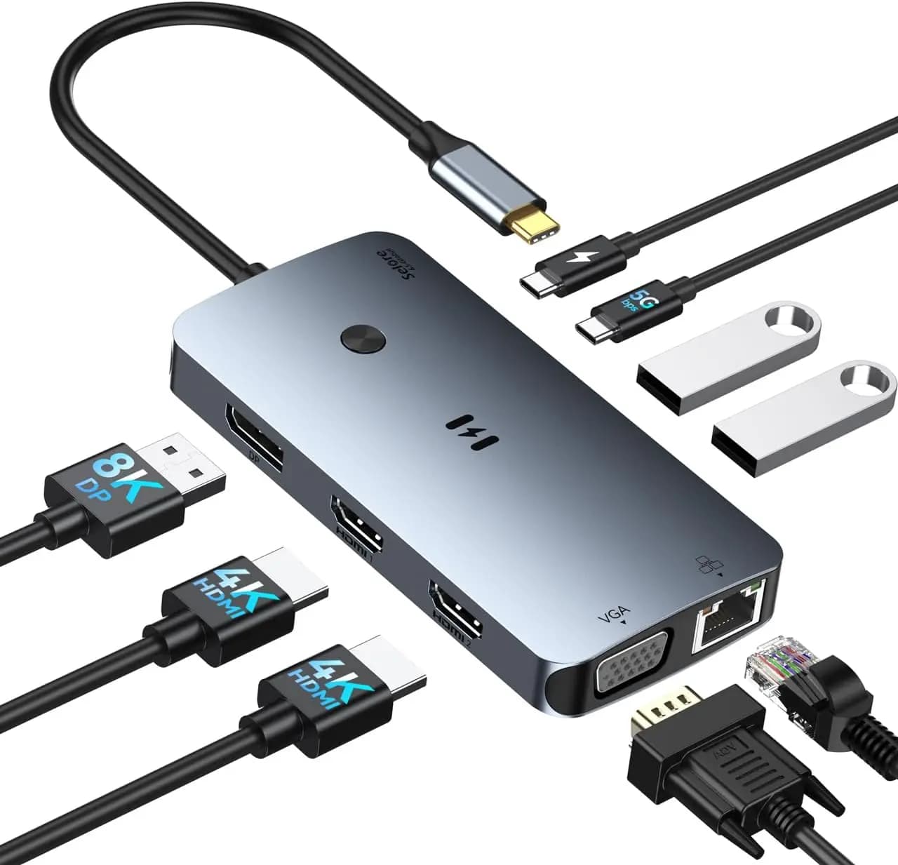 Docking Station USB C 10-in-1 con Adattatore per Doppio Monitor per Windows, Triplo Display 4K, DP 8K, PD 100W, Ethernet