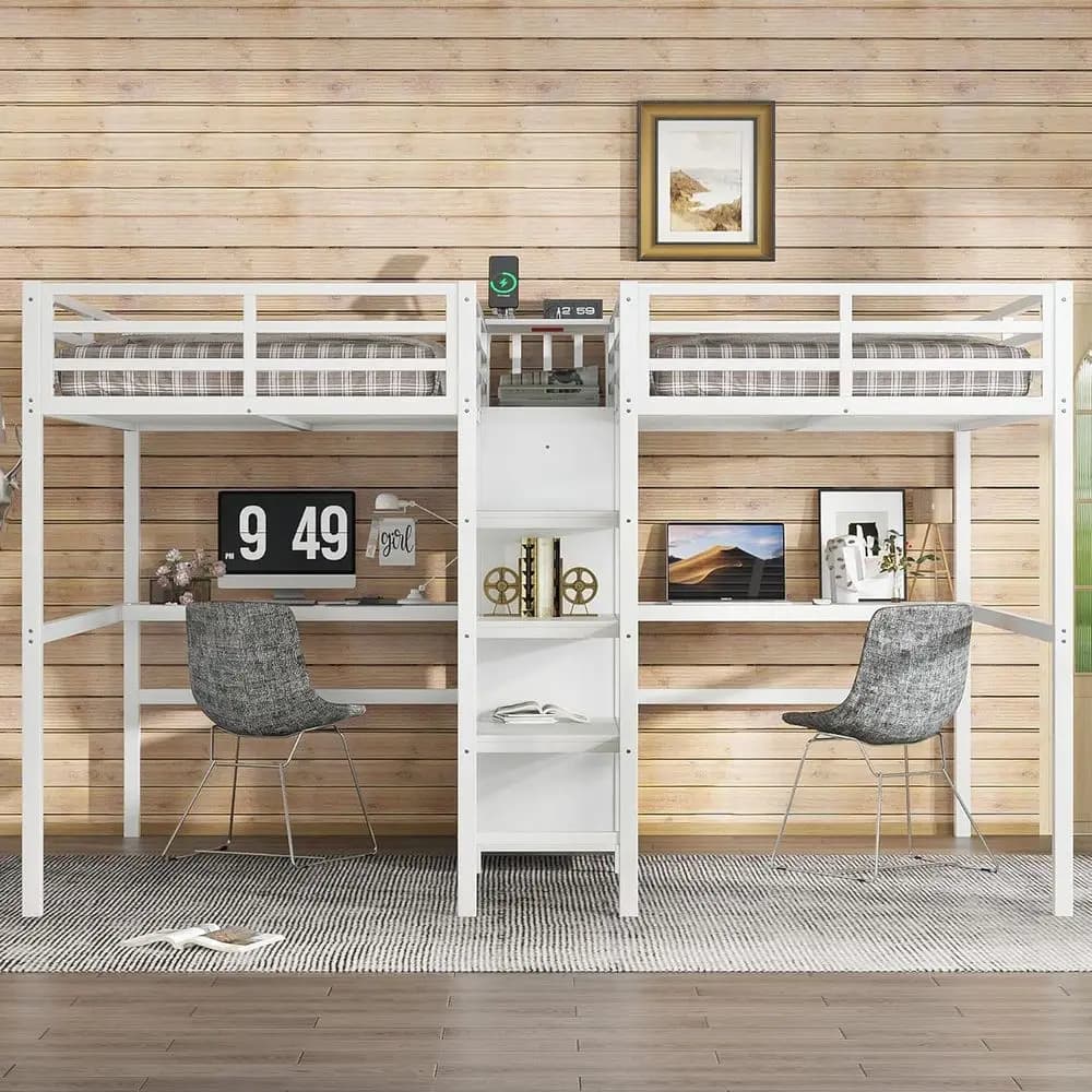 Letto in Metallo Singolo con Scrivania, Stazione di Ricarica, Armadio, Scaffali Portaoggetti, Insonorizzato, Bianco