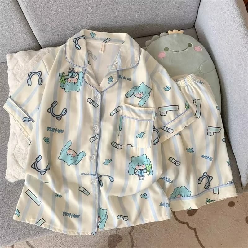 Hatsune Miku Women Pajama Set Anime Chibi Print Short Sleeve Down Shirt & Shorts Soft Breathable Summer Sleepwear Loungewear