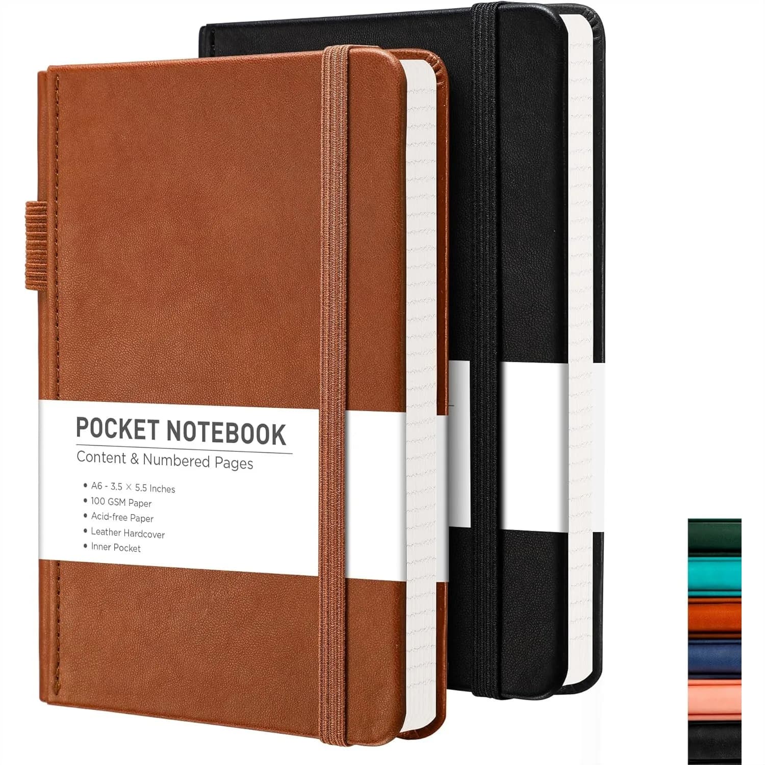 Pocket Journal Notebook 2-Pack, A6 Small Leather Hardcover Lined Pages for Work Journaling, 100 GSM Thick Paper (Black & Brown)
