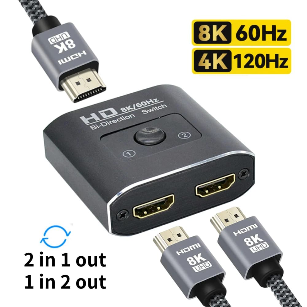 Switch HDMI 8K 60Hz 2 porte Splitter video 2 in 1 uscita per PC portatile Xbox PS3/4/5 TV Box per monitorare l'adattatore del proiettore TV