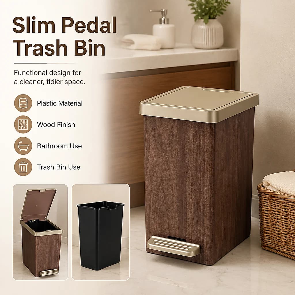 Slim Wood Grain Plastic Pedal Trash Can with Soft Close Lid, Narrow Foot-Operated Waste Bin Featuring Removable Inner Bucket for Small Bathrooms, Bedrooms and Home Offices