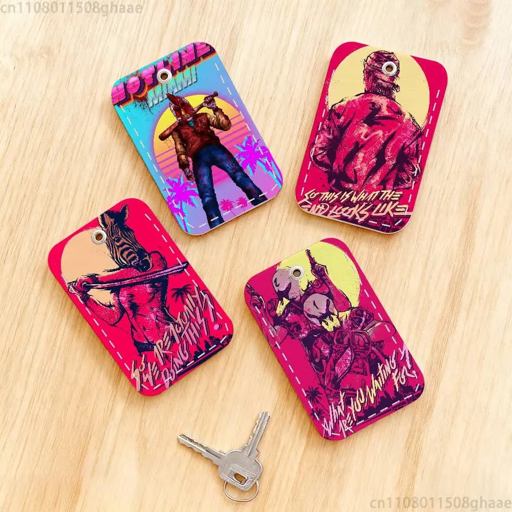 H-Hotline Miami Keychain with Rectangular Case for Cards, Leather Weaving Door with Keychain Ring