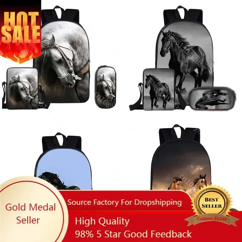 3 pz/set Animale Cavallo Stampa Zaino Borse da Scuola per Bambini Moda Zaini per Bambini per Ragazzi Ragazze Astuccio Unicorno Bookbag