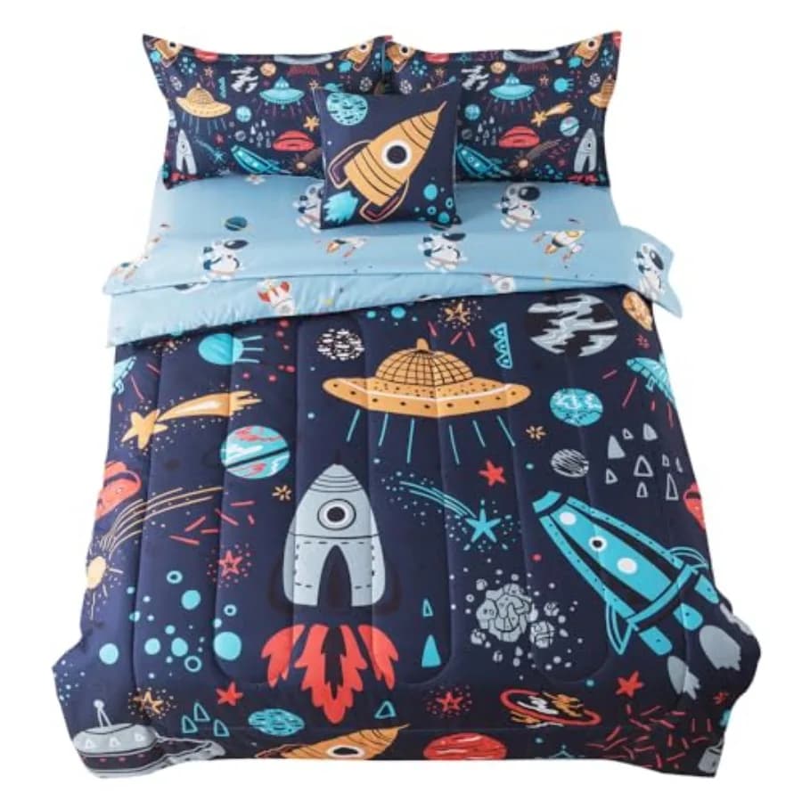 Set di biancheria da letto 6 pezzi, piumino 3D con razzi e pianeti per ragazzi, ragazze e adolescenti, letto galattico in una borsa con lenzuola e federe a tema astronauta