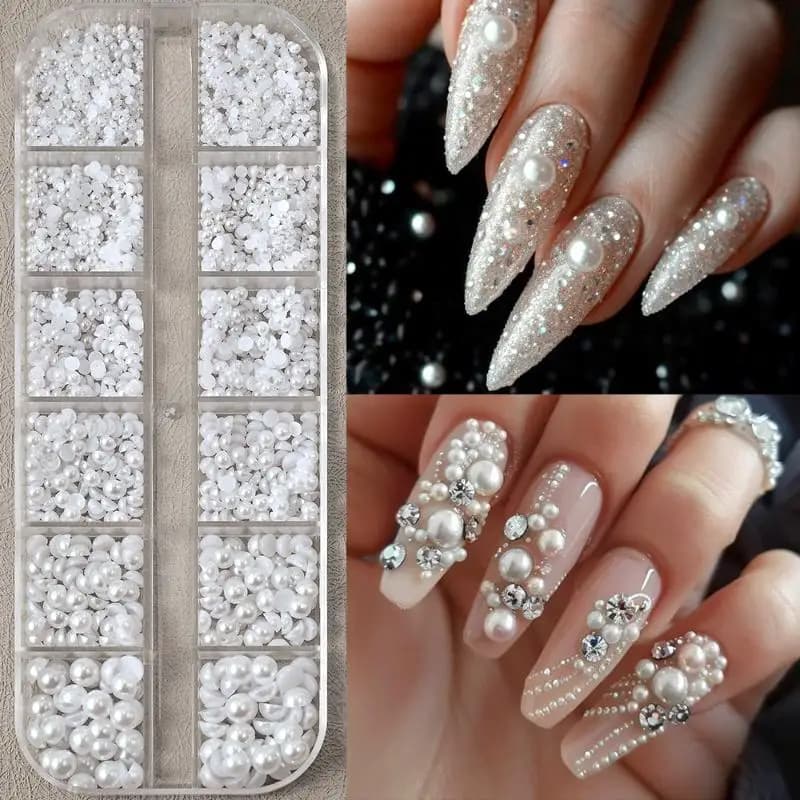 Set di 12 Griglie di Perle e Strass Semisferici a Fondo Piatto per Decorazione Unghie 3D, Gioielli per Unghie, Charm per Manicure