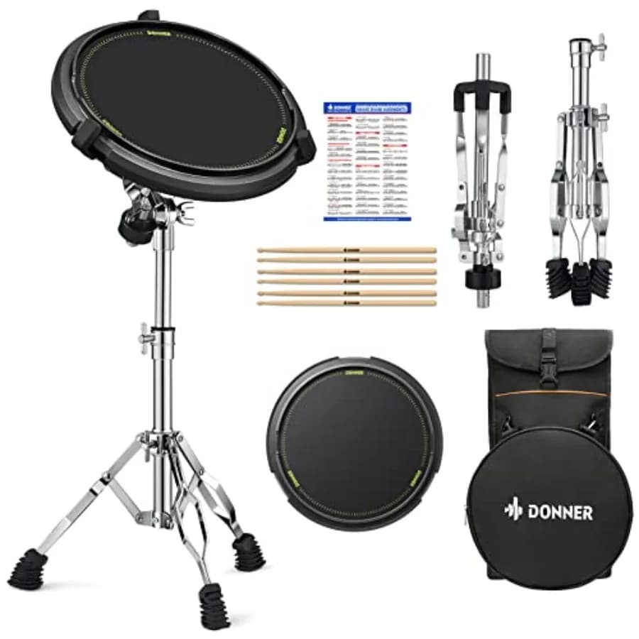 Kit per Pratica di Batteria - Supporto per Rullante + Zaino con Pad da 12'' e Bacchette - Adatto per Tamburi da 10''-14'' Nero