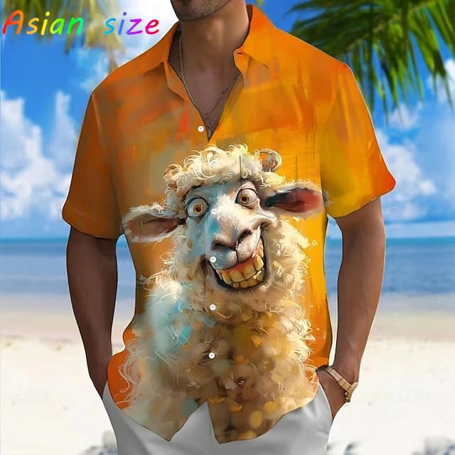 Fashion Funny Cartoon Animals Hawaiian Shirt For Men Goat Monkey Graphic Hawaiian Shirts Short Sleeve Button Down Shirt Camisa