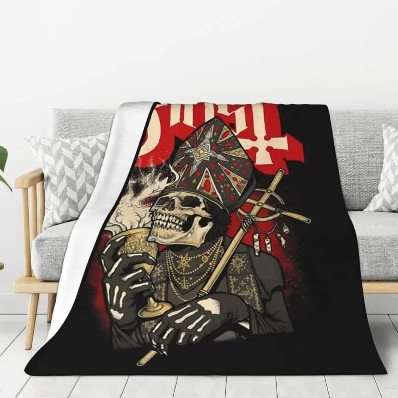 Coperta Personalizzata Ghost Impera Maestro Skull, Morbida in Pile, Calda per l'Autunno, in Flanella, Coperta Decorativa della Band Rock Svedese, per Ufficio e Camera da Letto