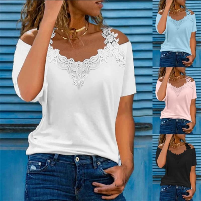 Camicia di pizzo Sexy a maniche corte estiva da donna Casual con scollo a V T-Shirt allentata da donna scava fuori le spalle Sling elegante Pullover Top