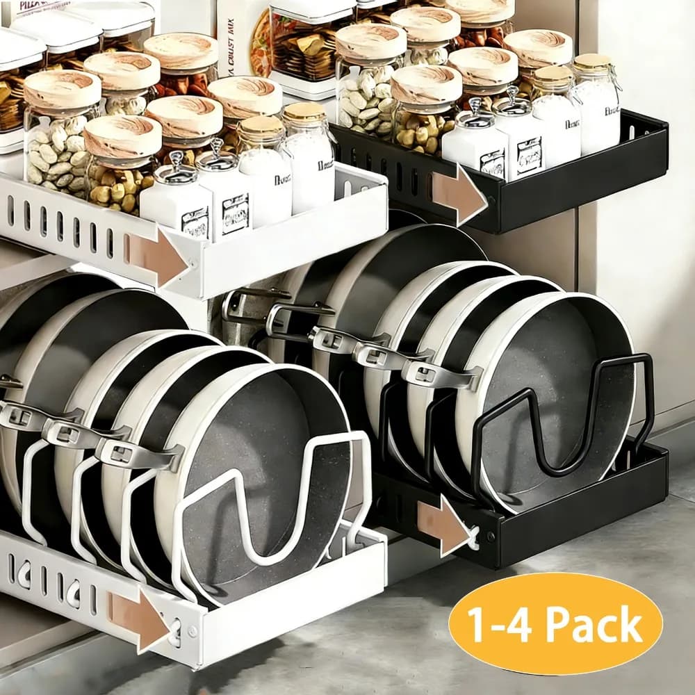Set di 4 Contenitori Estraibili per Pentole e Padelle, Porta Coperchi Scorrevole e Porta Padelle da Cucina, Contenitore Scorrevole per Armadio