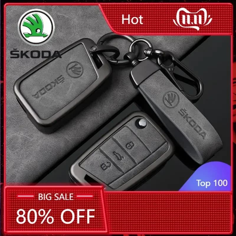 Custodia Protettiva per Chiave Auto in Lega di Zinco e Pelle 2025 Nuova, Cover per Telecomando, Accessori Auto Styling per Skoda