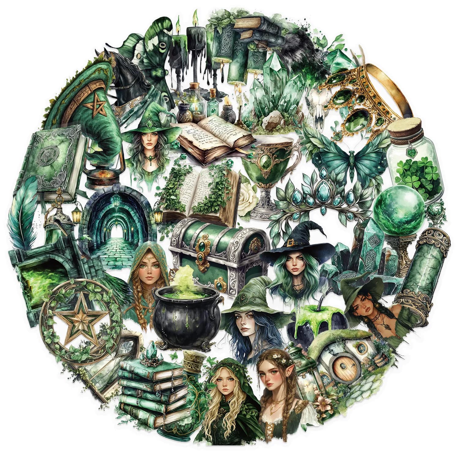 50Pcs/Set Dark Academia Witchcore​ PET Stickers, Green Magic Potion Vintage Book Cauldron Stickers for Laptop/Phone Case Decor