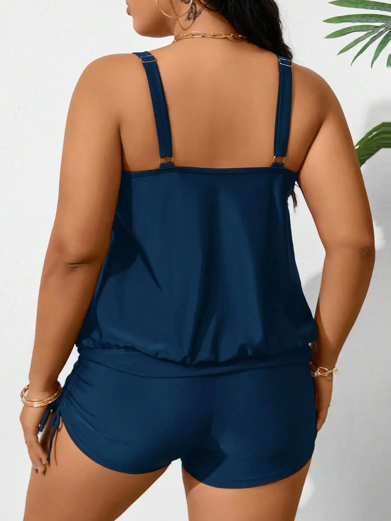 Costume da bagno tankini da donna taglie forti, tinta unita, girocollo, con coulisse e arricciature