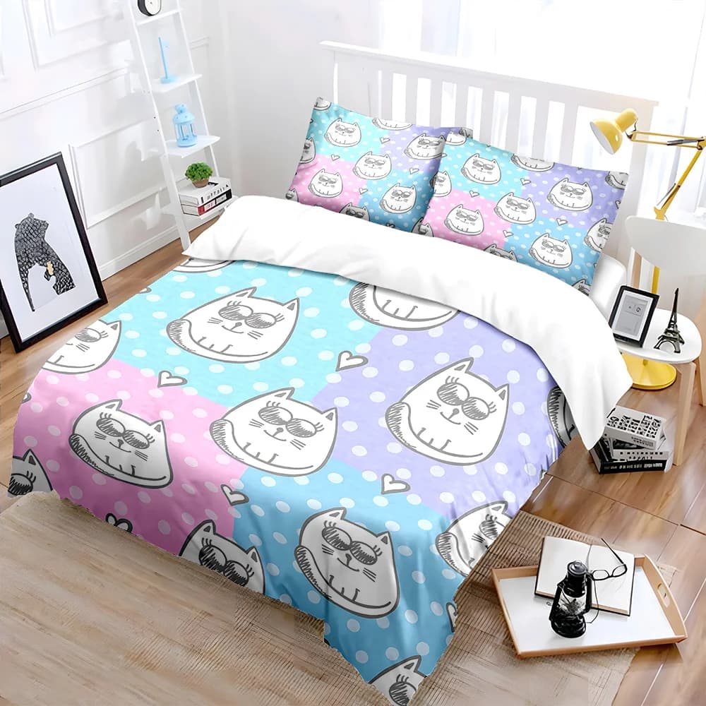 Set di biancheria da letto con stampa di gatti dei cartoni animati e cuori colorati, 1 copripiumino, 2 federe per adulti e bambini, regalo di lusso, misura completa