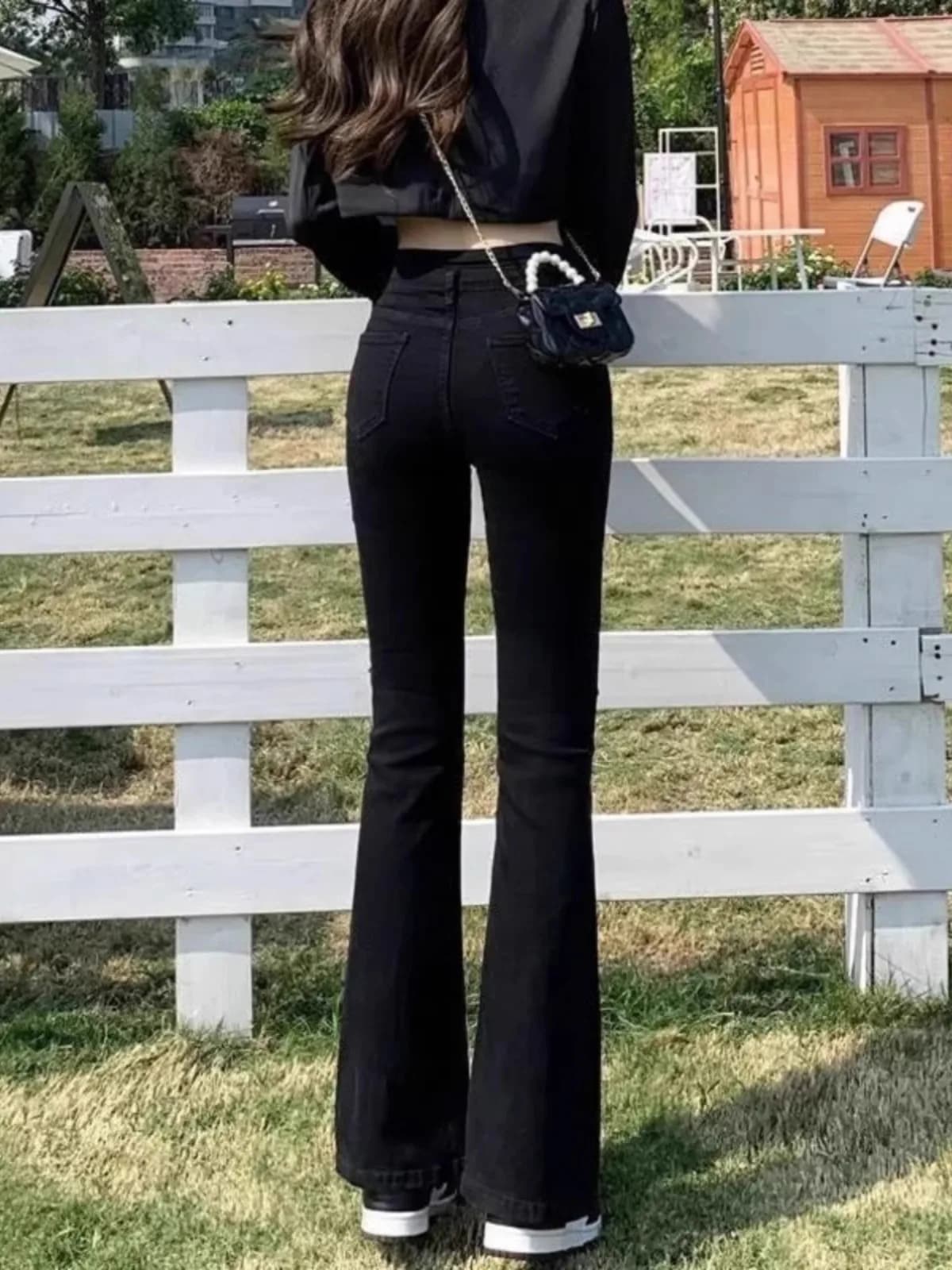 High Waist Bell Bottom Denim Jeans Women's Summer Slimming Small Size Lengthening Elastic Hoof Pants Deep Color