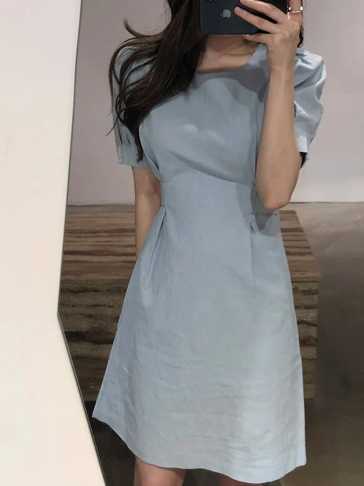 Ele Sweet Waist-Cinching round Ne Summer New Women's Dr 2024 Slimming A-Line Midi Skirt Cotton Linen Blend Dr