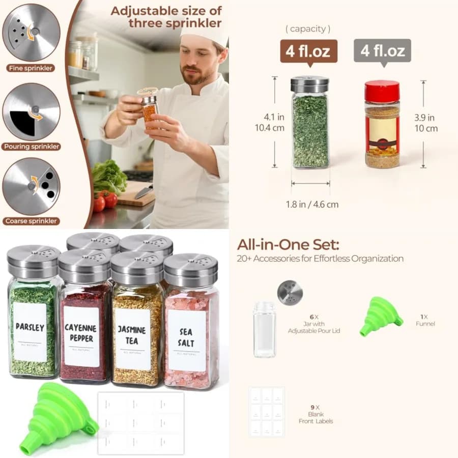 Barattoli per spezie con coperchi dosatori regolabili, 4oz 6 pezzi, 9 etichette fai da te, set di prova per barattoli per spezie, set supplementare, contenitore vuoto per ingredienti