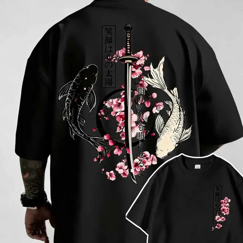 T-shirt da uomo con stampa grafica Yin Yang Koi, stile giapponese Harajuku, streetwear, moda estiva, casual, girocollo, maniche corte