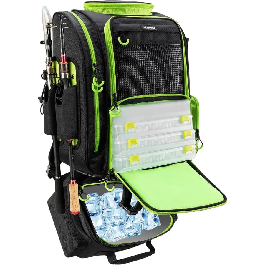 Large fishing backpack with cooling device for 3 boxes for equipment Durable fishing bag with integrated rod holders Ideal for camping hiking