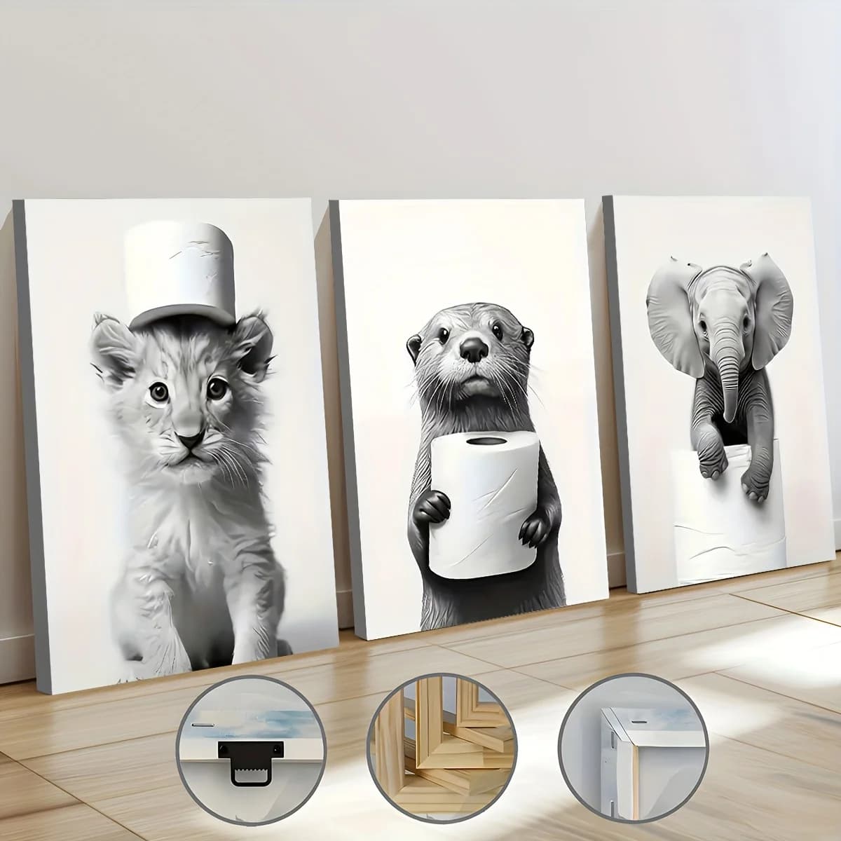 3PCS Framed Canvas Painting Ready To Hanging Monochrome Modern Fashion Animal Bathroom Art Home Decor Wall Art Room Decor Gift