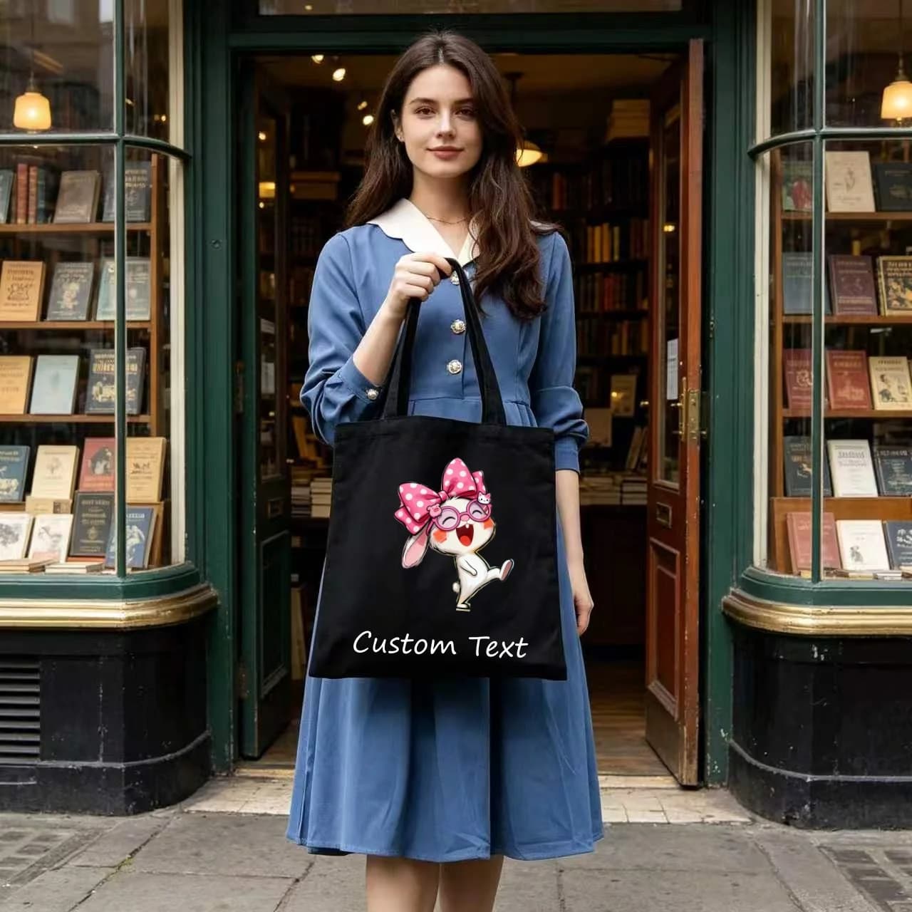 1PC Custom Text Canvas Tote Bag, Cute Bunny With Pink Polka‑dot Bow Glasses Print Shoulder Shopping Bag