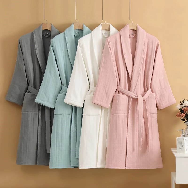 100%Cotton 4Ply Gauze Bathrobe Kimono Gown Yukata Solid Couples Robe Sleepwear Autumn Winter New Thick Nightwear Loungewear