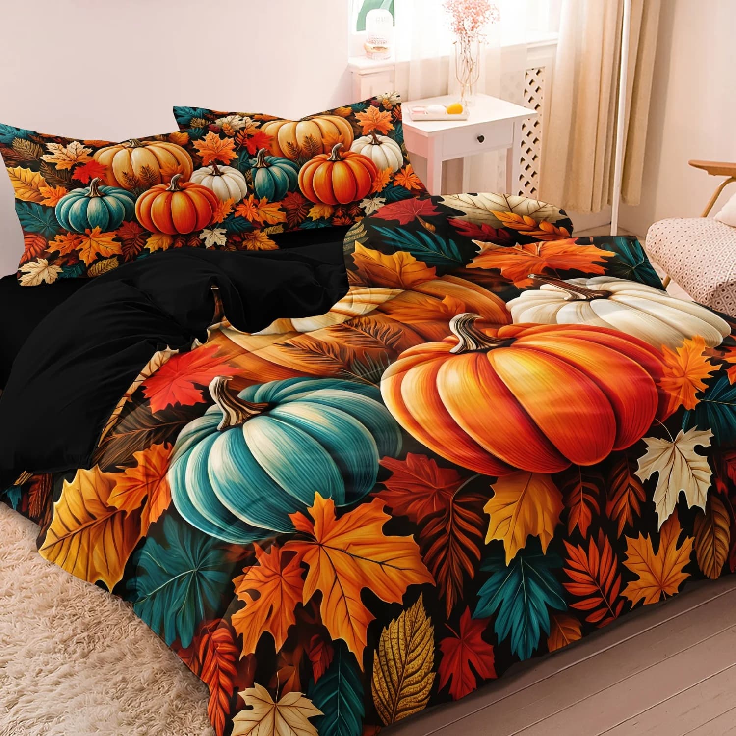 3 Pieces Fall Colorful Pumpkin Print Duvet Cover Set, Teal Orange White Pumpkin Maple Leaf Autumn Harvest Printed Bedding