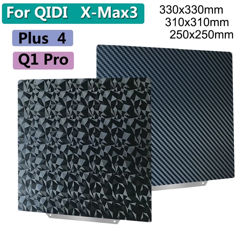 Piastra di stampa per stampanti 3D QIDI Plus 4, Q1 Pro, X-Max 3, 330x330, 310x310, 250x250mm, in acciaio armonico bifacciale con superficie PEI