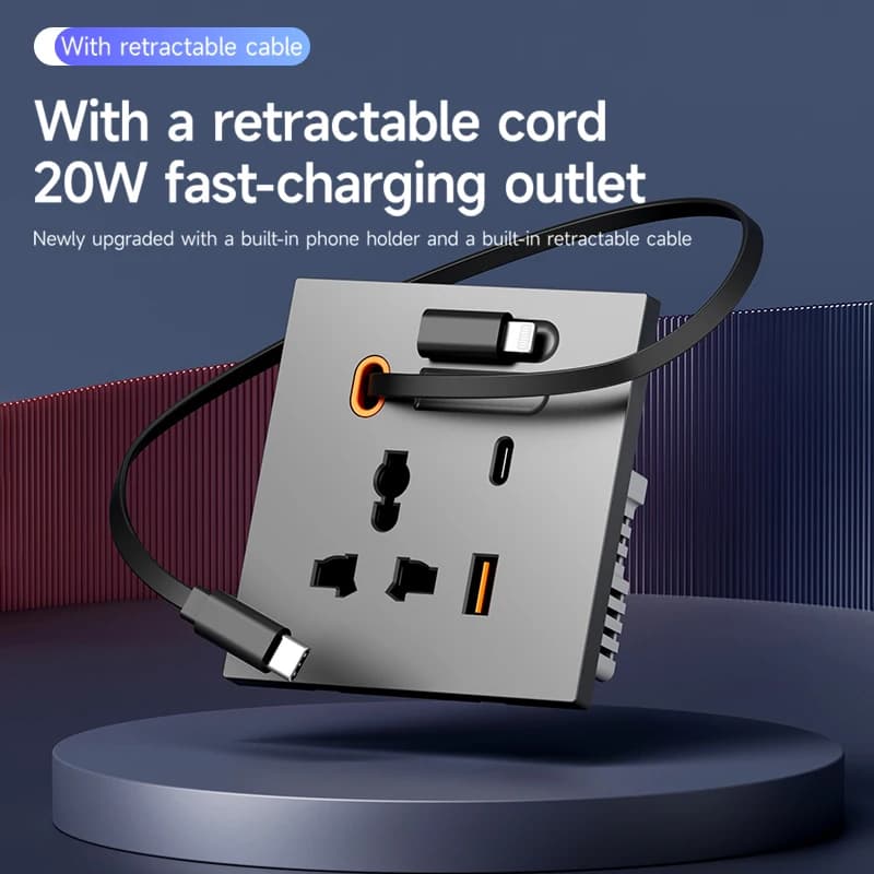 Universal USB socket UK Type-C with retractable cable 20 W charger for 80 cm fast wall charging for digital devices