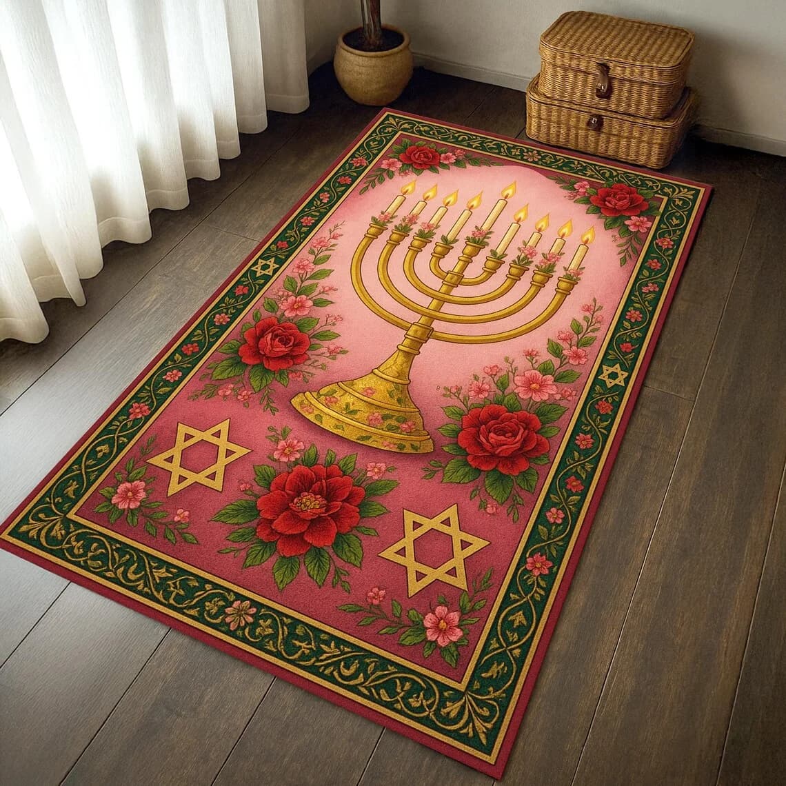 Tappeto da Preghiera con Stella di David e Menorah, Tappeto Ebraico Floreale Rosa per Casa, Tappeto Morbido Antiscivolo, Regalo per Hanukkah, Decorazione Tradizionale
